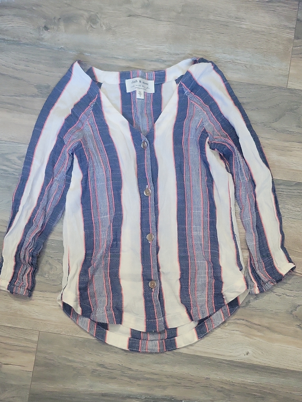 cloth & stone Navy, White and Coral Striped Button-Front Linen Blouse XS